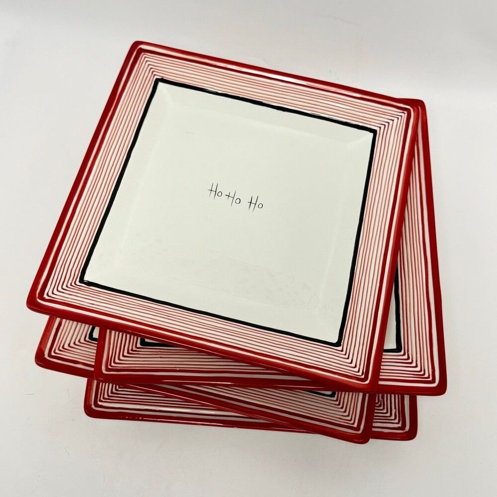 Oneida Ho Ho Ho Large Christmas Square Dinner Plates Set of 4 White and Red